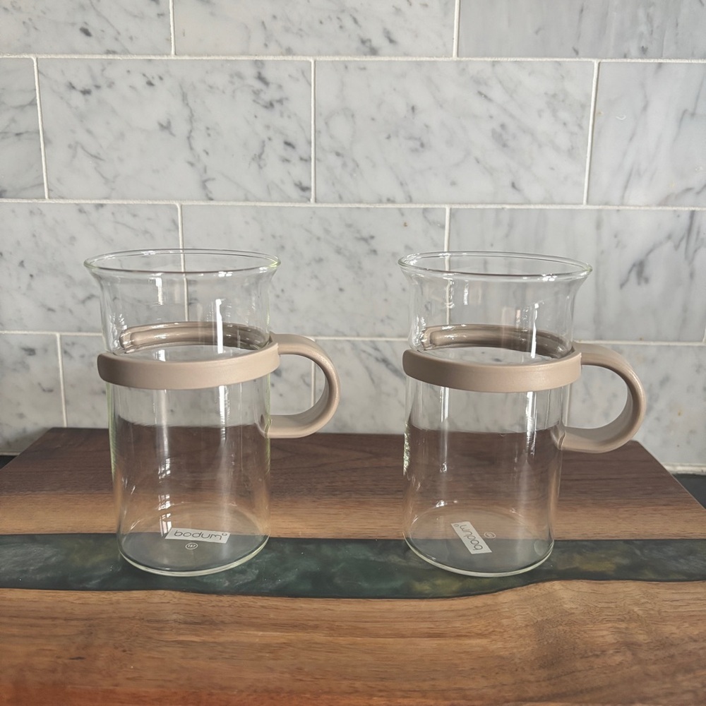 Vintage Pair of BODUM Bistro Glass Coffee Mugs with Gray Plastic Handles